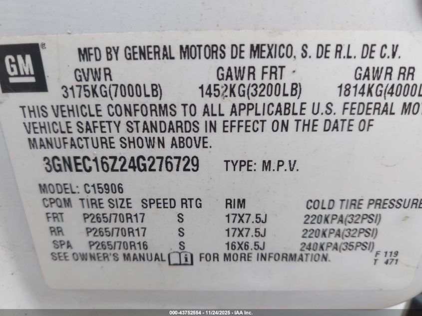 2004 Chevrolet Suburban 1500 Lt VIN: 3GNEC16Z24G276729 Lot: 43752554