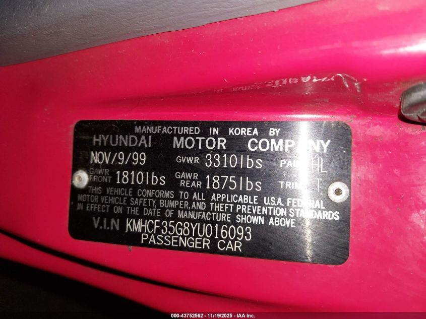 2000 Hyundai Accent L VIN: KMHCF35G8YU016093 Lot: 43752562