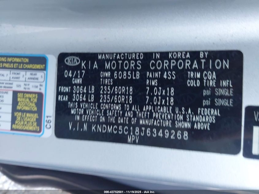 2018 Kia Sedona Sx VIN: KNDMC5C18J6349268 Lot: 43752581