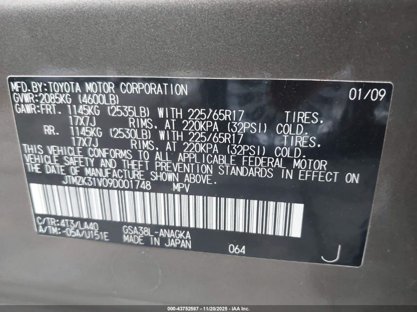 2009 Toyota Rav4 Limited V6 VIN: JTMZK31V09D001748 Lot: 43752587