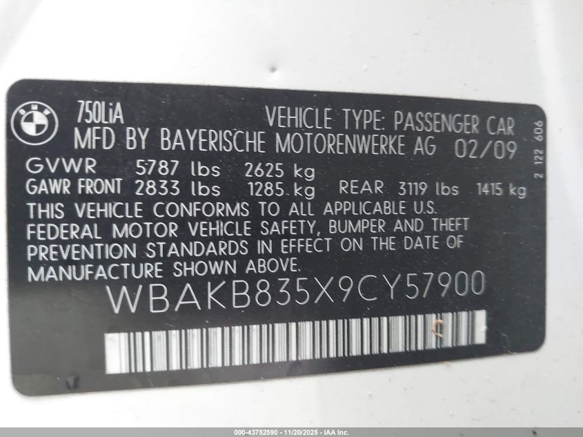 2009 BMW 750Li VIN: WBAKB835X9CY57900 Lot: 43752590