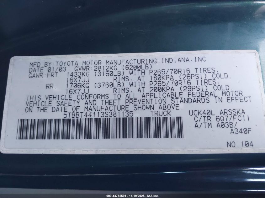 2003 Toyota Tundra Sr5 V8 VIN: 5TBBT441135981135 Lot: 43752591