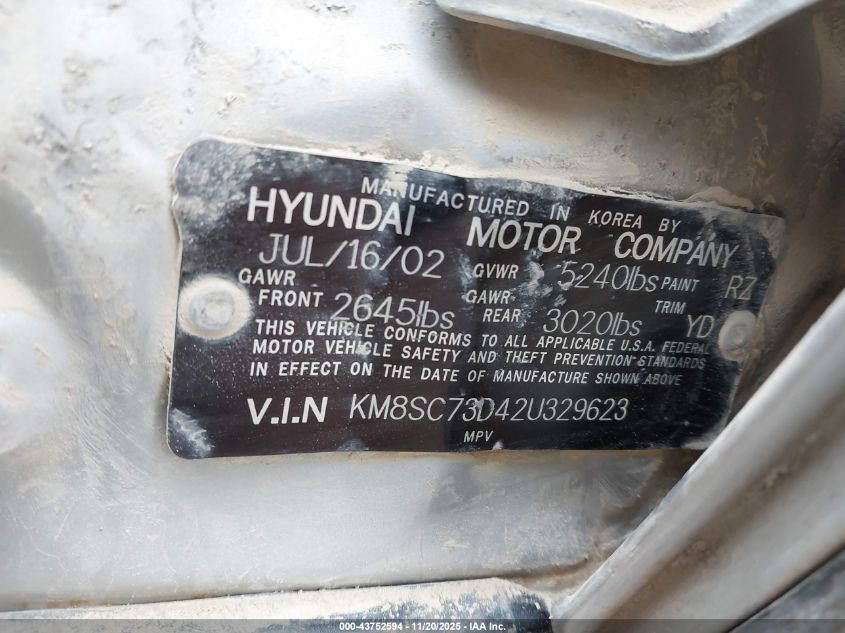 2002 Hyundai Santa Fe Gls/Lx VIN: KM8SC73D42U329623 Lot: 43752594