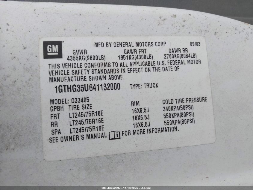 2004 GMC Savana Standard VIN: 1GTHG35U641132000 Lot: 43752597