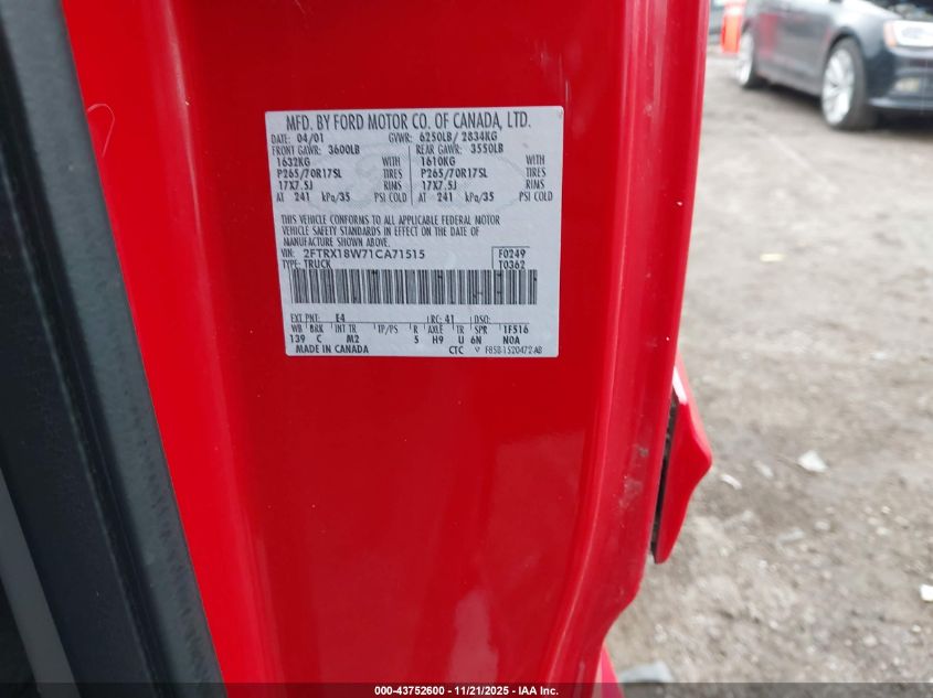 2001 Ford F-150 Lariat/Xl/Xlt VIN: 2FTRX18W71CA71515 Lot: 43752600