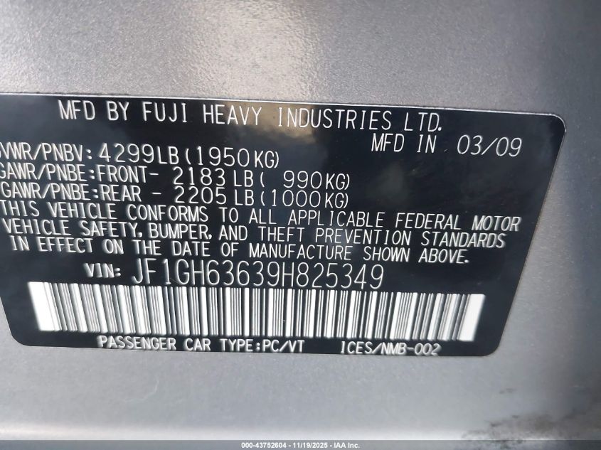 2009 Subaru Impreza Outback Sport VIN: JF1GH63639H825349 Lot: 43752604