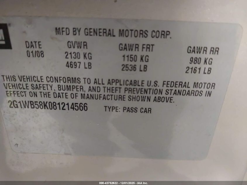 2008 Chevrolet Impala Ls VIN: 2G1WB58K081214566 Lot: 43752622