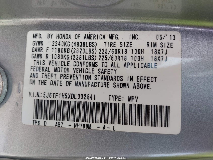 2013 Honda Crosstour Ex-L V6 VIN: 5J6TF1H5XDL002841 Lot: 43752640