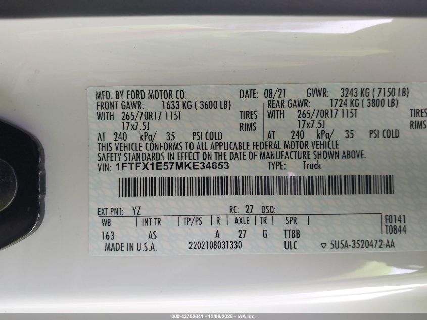 2021 Ford F-150 Xl VIN: 1FTFX1E57MKE34653 Lot: 43752641