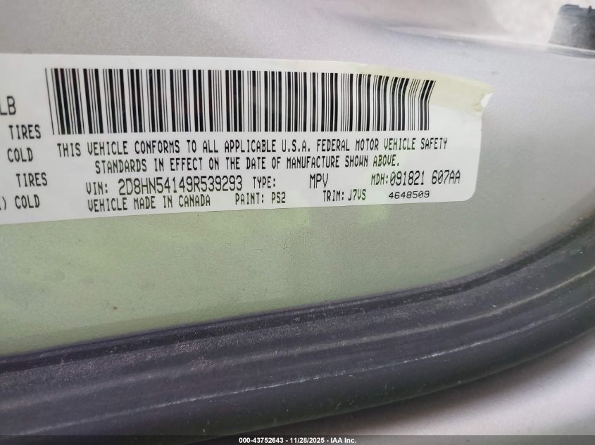 2009 Dodge Grand Caravan Sxt VIN: 2D8HN54149R539293 Lot: 43752643