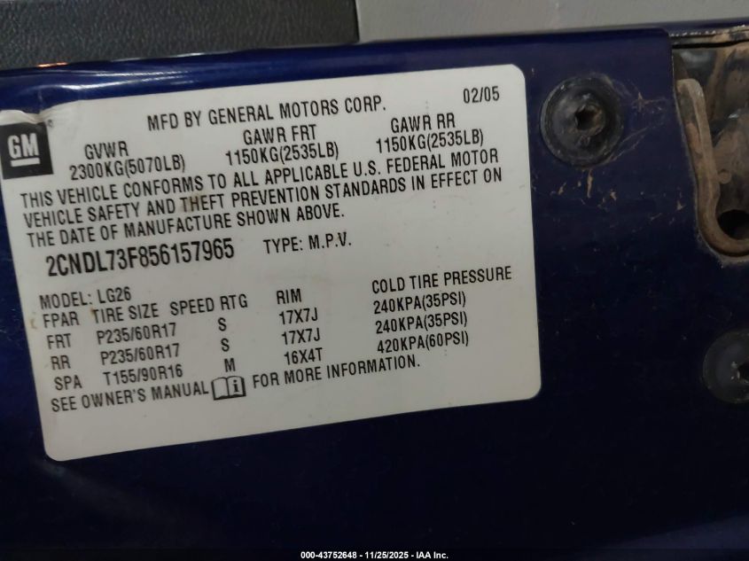 2005 Chevrolet Equinox Lt VIN: 2CNDL73F856157965 Lot: 43752648