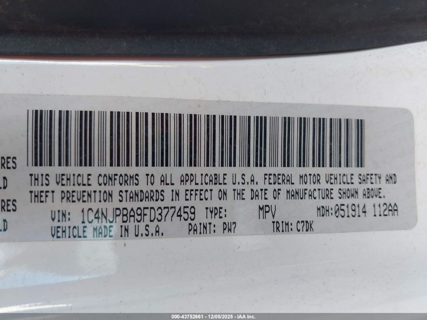 2015 Jeep Patriot Altitude Edition VIN: 1C4NJPBA9FD377459 Lot: 43752661