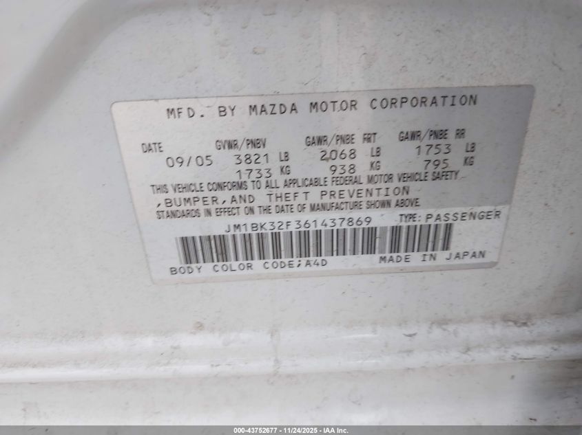 2006 Mazda Mazda3 I VIN: JM1BK32F361437869 Lot: 43752677