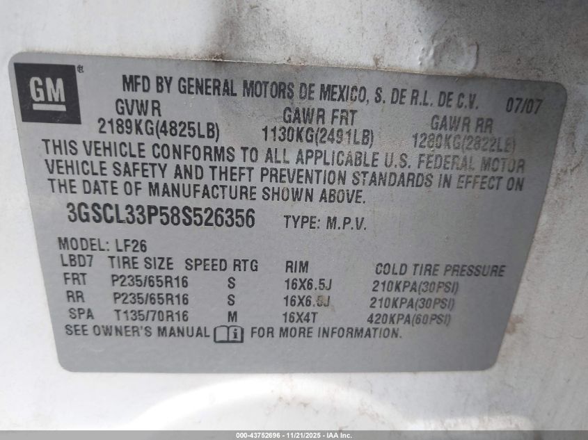 2008 Saturn Vue 4-Cyl Xe VIN: 3GSCL33P58S526356 Lot: 43752696