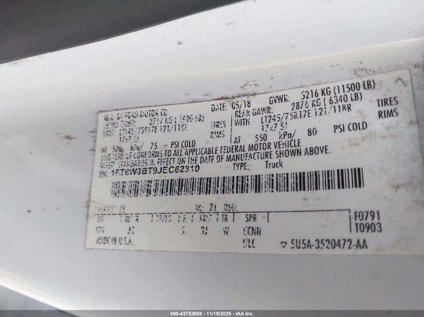 2018 Ford F-350 Xl VIN: 1FT8W3BT9JEC62310 Lot: 43752698