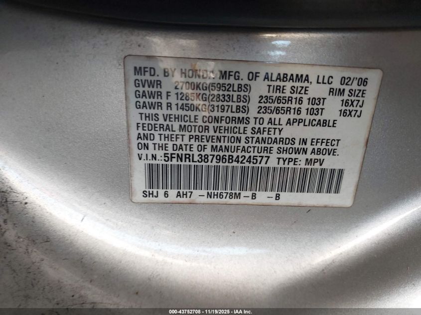 2006 Honda Odyssey Ex-L VIN: 5FNRL38796B424577 Lot: 43752708