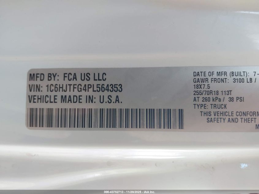 2023 Jeep Gladiator Overland 4X4 VIN: 1C6HJTFG4PL564353 Lot: 43752713