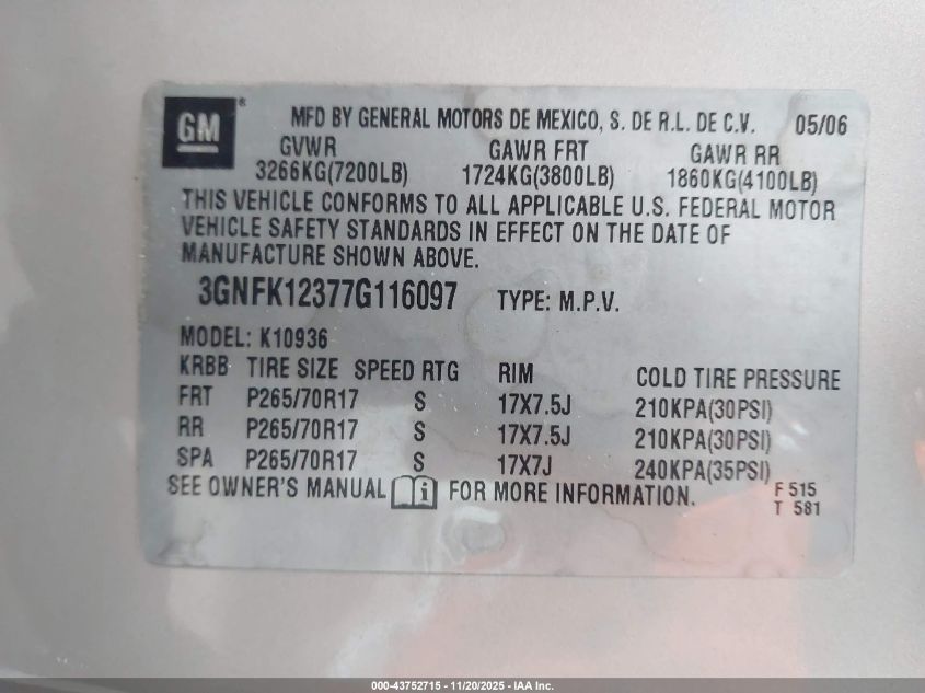 2007 Chevrolet Avalanche 1500 Lt VIN: 3GNFK12377G116097 Lot: 43752715