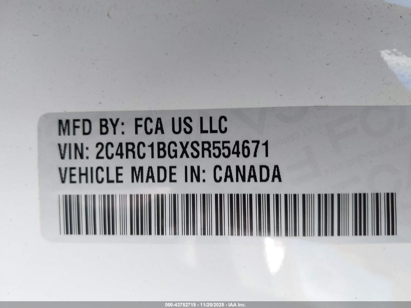 2025 Chrysler Pacifica Select VIN: 2C4RC1BGXSR554671 Lot: 43752719