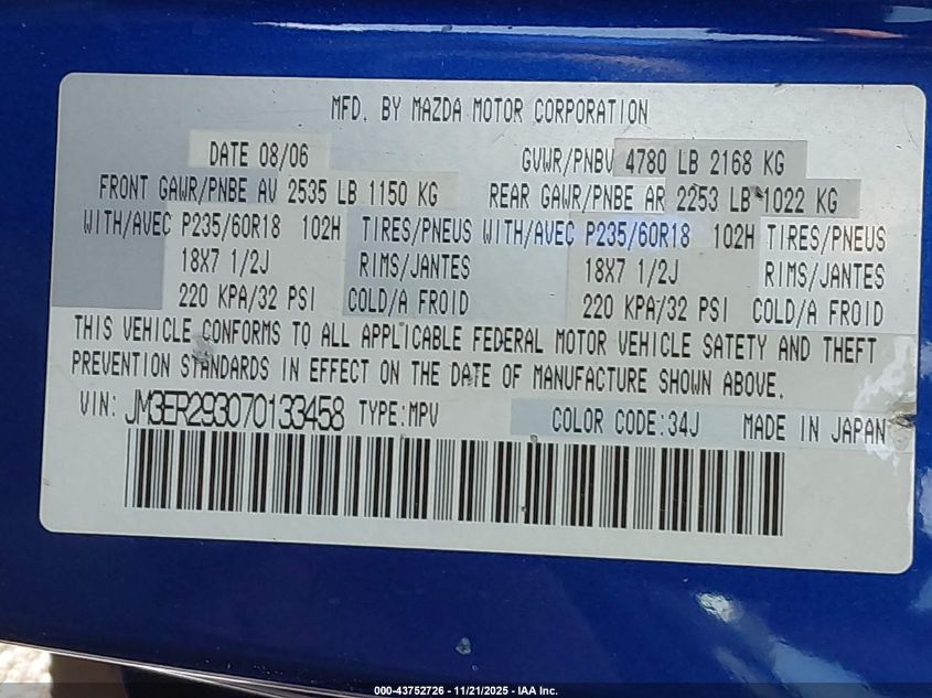 2007 Mazda Cx-7 Grand Touring VIN: JM3ER293070133458 Lot: 43752726