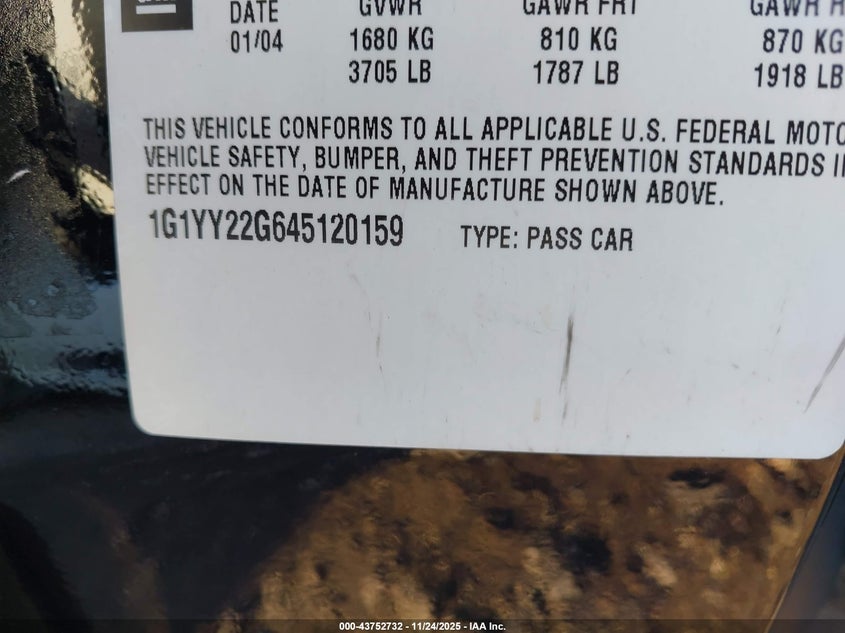 2004 Chevrolet Corvette VIN: 1G1YY22G645120159 Lot: 43752732