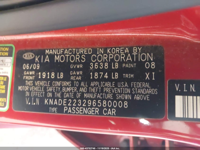 2009 Kia Rio Lx VIN: KNADE223296580008 Lot: 43752748