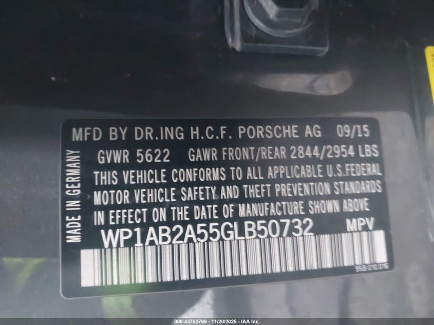 2016 Porsche Macan S VIN: WP1AB2A55GLB50732 Lot: 43752769