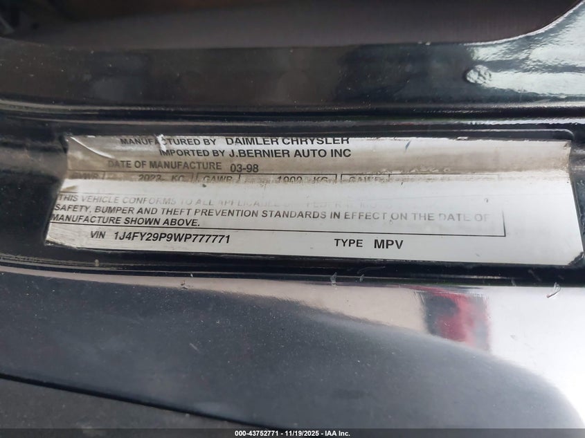 1998 Jeep Wrangler Se VIN: 1J4FY29P9WP777771 Lot: 43752771