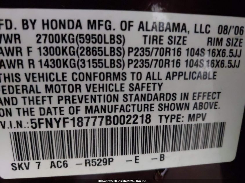 2007 Honda Pilot Ex-L VIN: 5FNYF18777B002218 Lot: 43752780