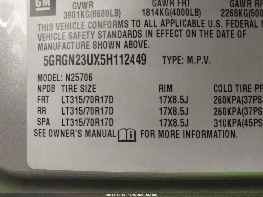 2005 Hummer H2 Suv VIN: 5GRGN23UX5H112449 Lot: 43752785