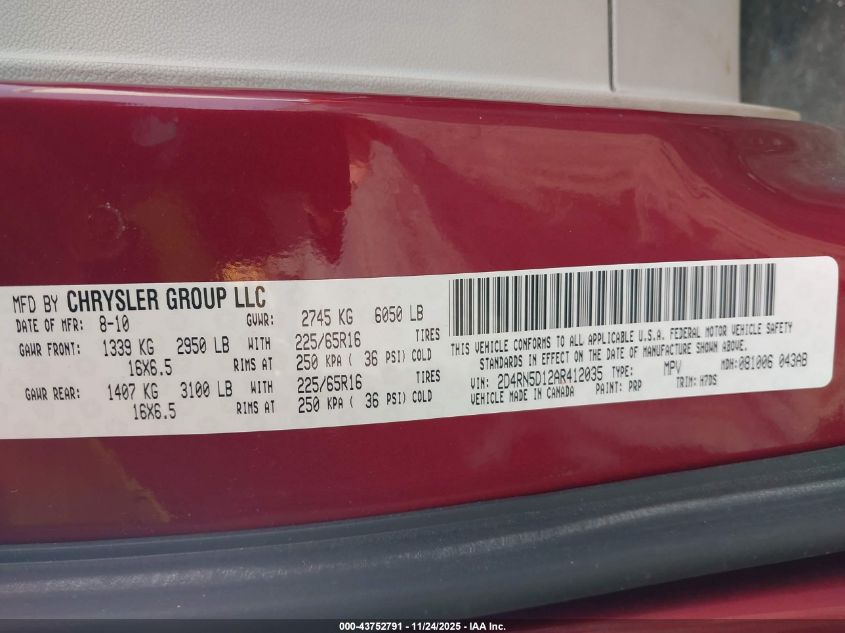 2010 Dodge Grand Caravan Sxt VIN: 2D4RN5D12AR412035 Lot: 43752791
