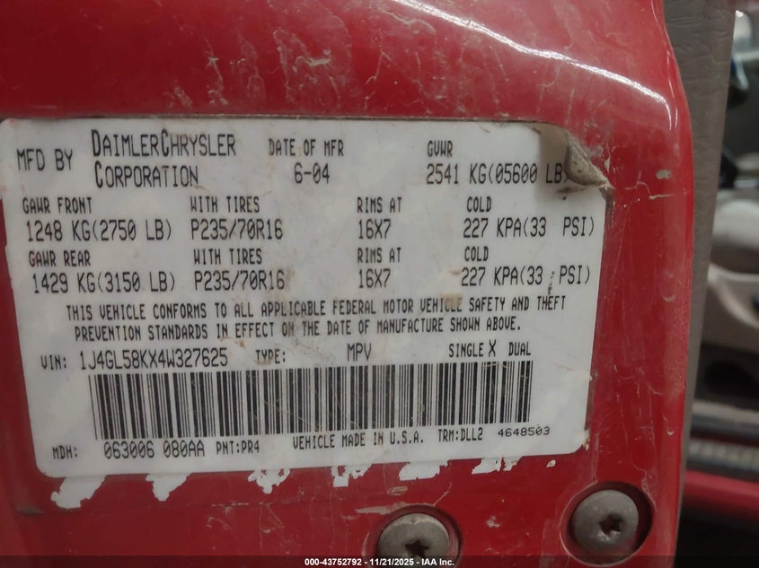 1J4GL58KX4W327625 2004 JEEP LIBERTY (NORTH AMERICA) photo no. 9