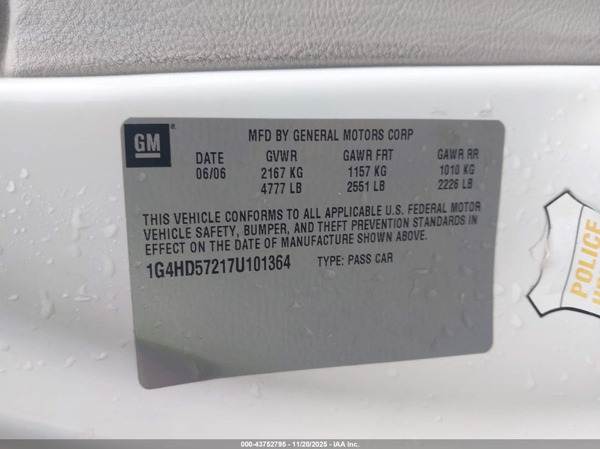2007 Buick Lucerne Cxl VIN: 1G4HD57217U101364 Lot: 43752795