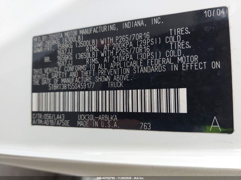 2005 Toyota Tundra Ltd V8 VIN: 5TBRT38155S459177 Lot: 43752798