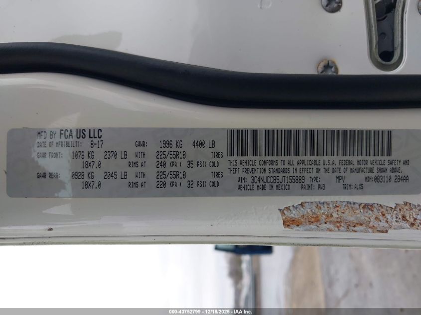 2018 Jeep Compass Limited Fwd VIN: 3C4NJCCB5JT155889 Lot: 43752799