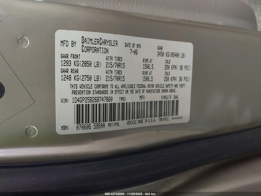 2006 Dodge Caravan Se VIN: 1D4GP25B26B747860 Lot: 43752800