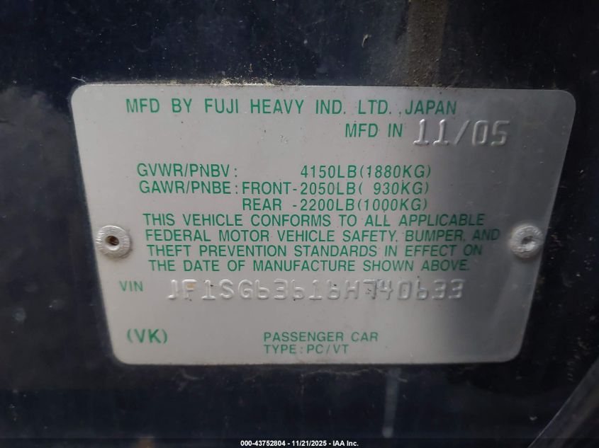 2006 Subaru Forester 2.5X VIN: JF1SG63616H740633 Lot: 43752804