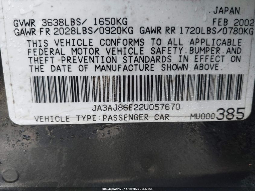 2002 Mitsubishi Lancer Oz Rally VIN: JA3AJ86E22U057670 Lot: 43752817