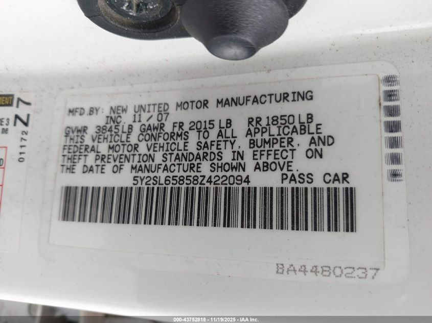 2008 Pontiac Vibe VIN: 5Y2SL65858Z422094 Lot: 43752818