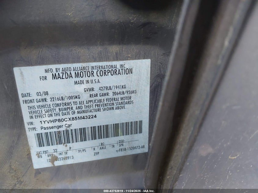 2008 Mazda Mazda6 I Sport Ve VIN: 1YVHP80CX85M43224 Lot: 43752819
