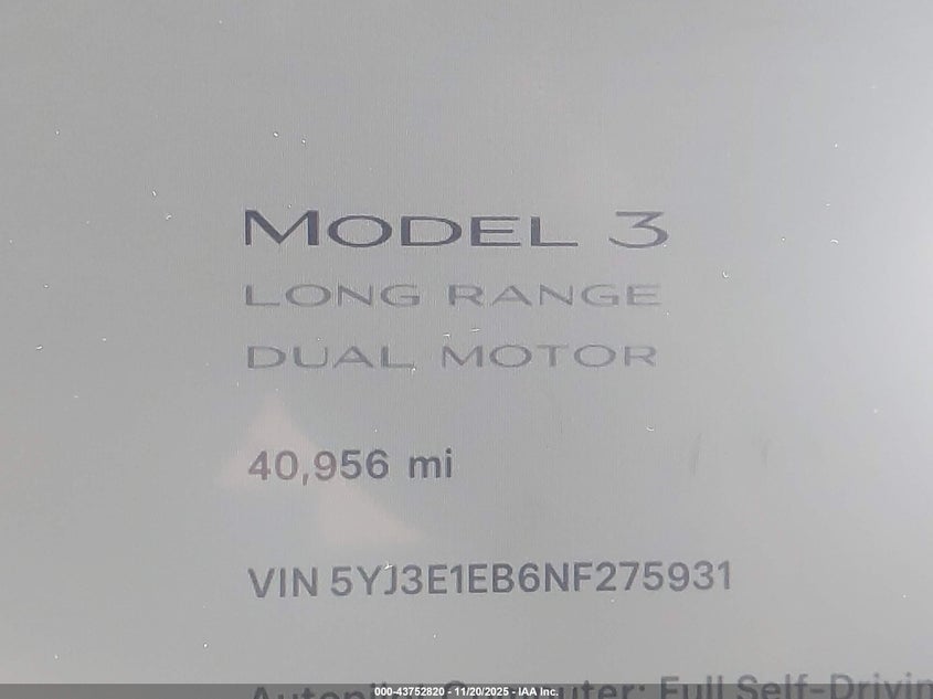 2022 Tesla Model 3 Long Range Dual Motor All-Wheel Drive VIN: 5YJ3E1EB6NF275931 Lot: 43752820