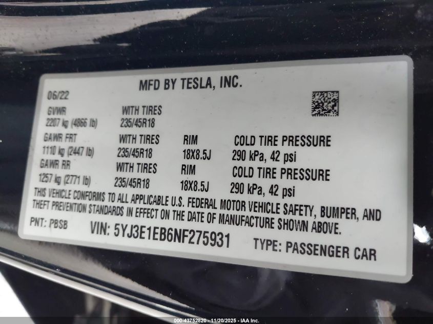 2022 Tesla Model 3 Long Range Dual Motor All-Wheel Drive VIN: 5YJ3E1EB6NF275931 Lot: 43752820