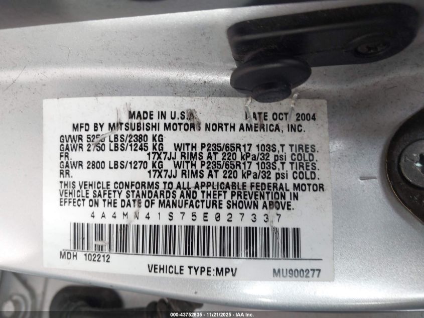 2005 Mitsubishi Endeavor Limited VIN: 4A4MN41S75E027337 Lot: 43752835