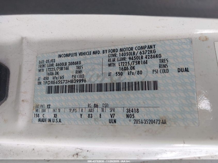 2003 Ford E-450 Cutaway Standard VIN: 1FDXE45S73HB39996 Lot: 43752838