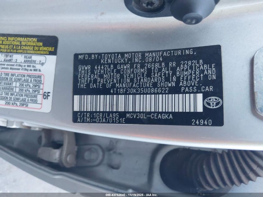 2005 Toyota Camry Xle V6 VIN: 4T1BF30K35U086622 Lot: 43752840