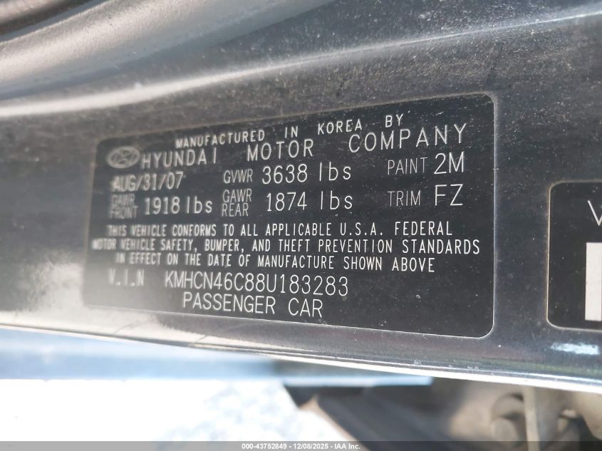 2008 Hyundai Accent Gls VIN: KMHCN46C88U183283 Lot: 43752849
