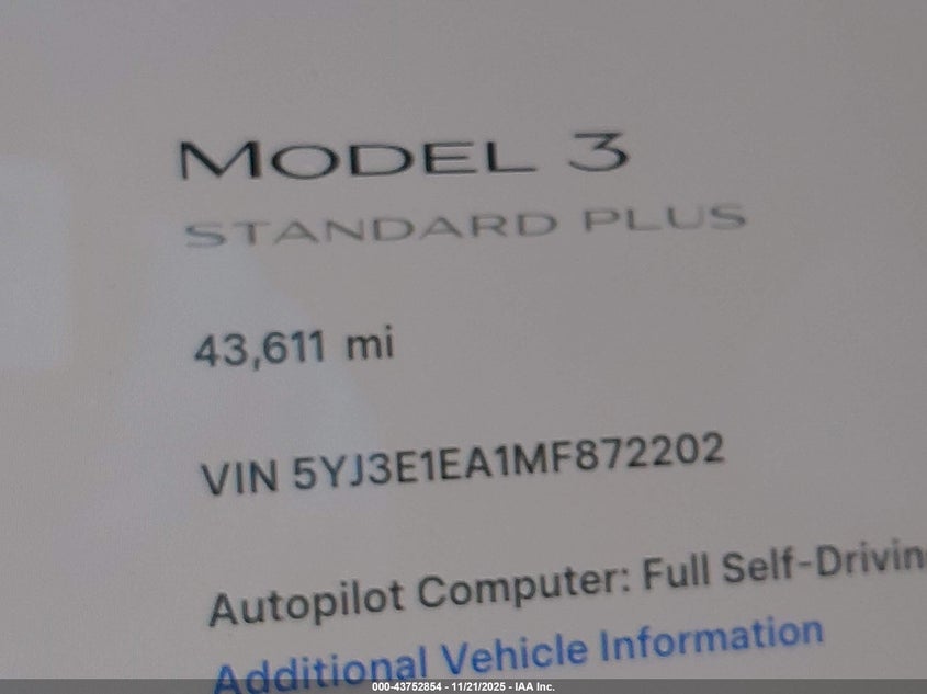2021 Tesla Model 3 Standard Range Plus Rear-Wheel Drive VIN: 5YJ3E1EA1MF872202 Lot: 43752854