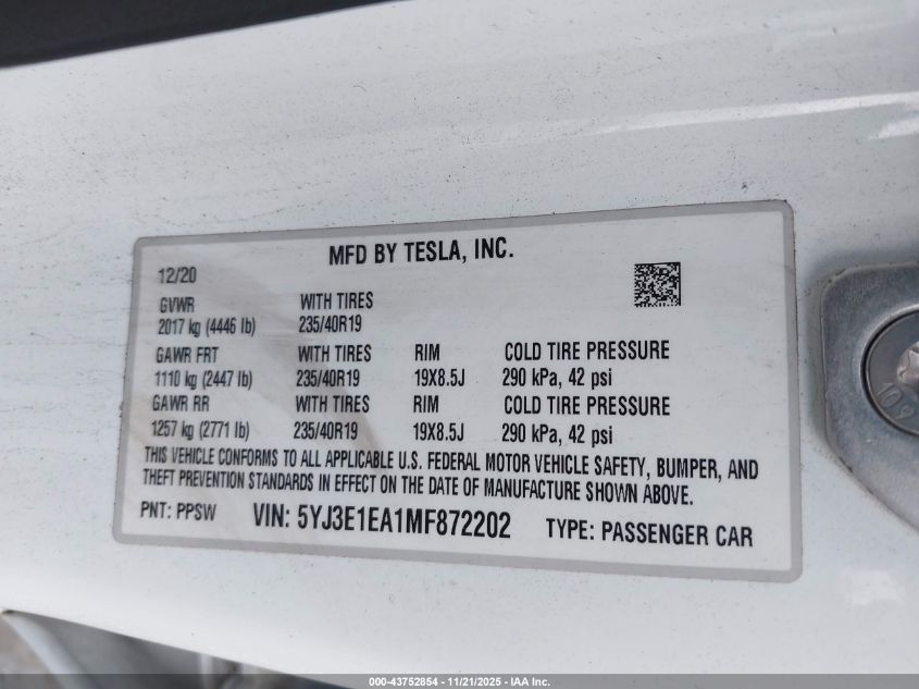 2021 Tesla Model 3 Standard Range Plus Rear-Wheel Drive VIN: 5YJ3E1EA1MF872202 Lot: 43752854