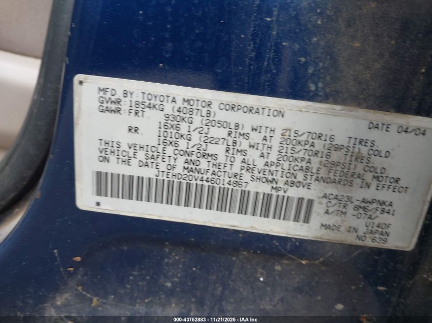 2004 Toyota Rav4 VIN: JTEHD20V446014867 Lot: 43752883