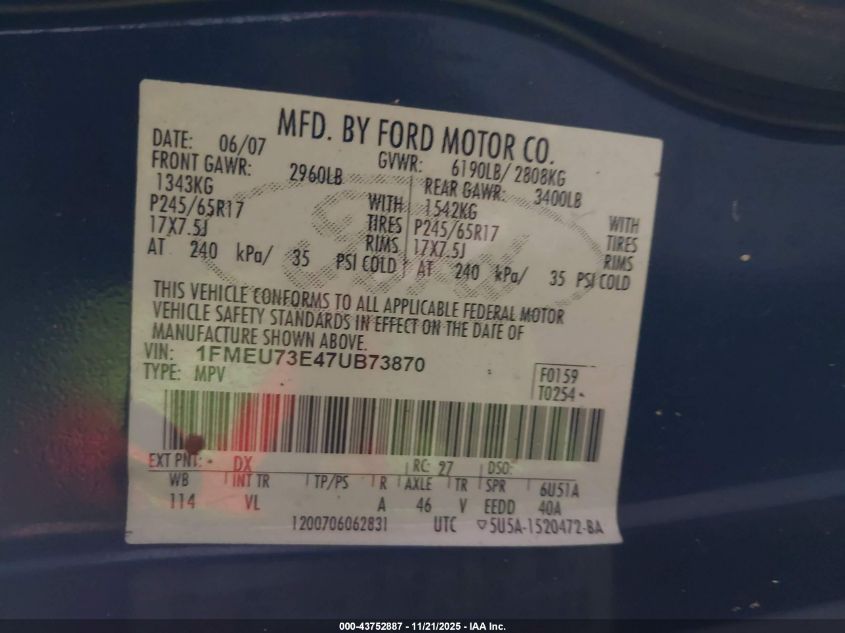 2007 Ford Explorer Xlt VIN: 1FMEU73E47UB73870 Lot: 43752887